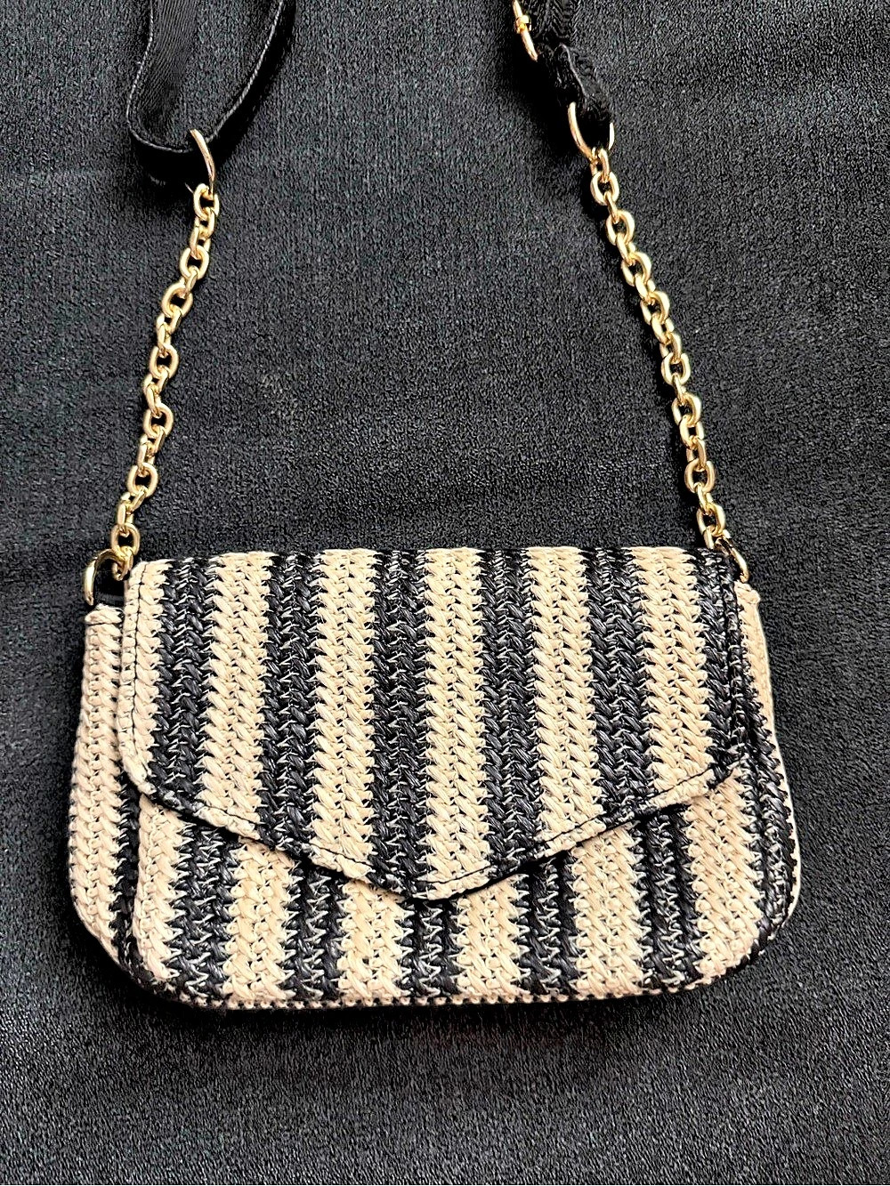 Striped Woven Crossbody Bag in Black & Beige